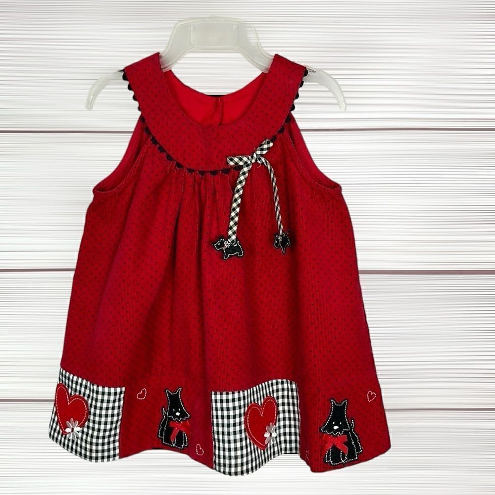 L g Fashions Vintage Red Cotton Corduroy Jumper with Scottish Terriers 18 month